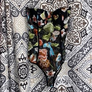 Black floral corset bodysuit